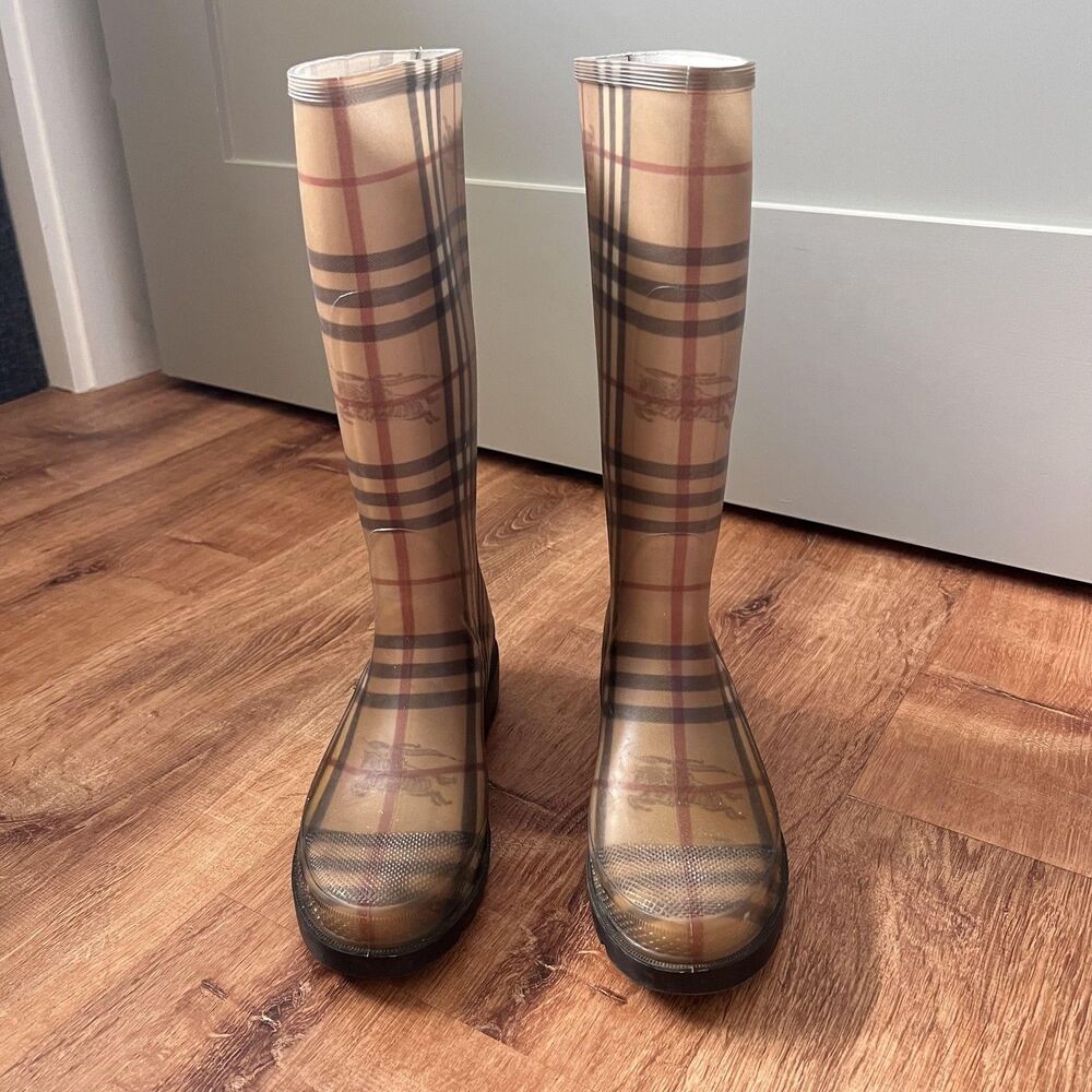 Burberry Rain Boots Women Sz 37 Beige Nova Check Plaid Rubber Italy Knee High‎